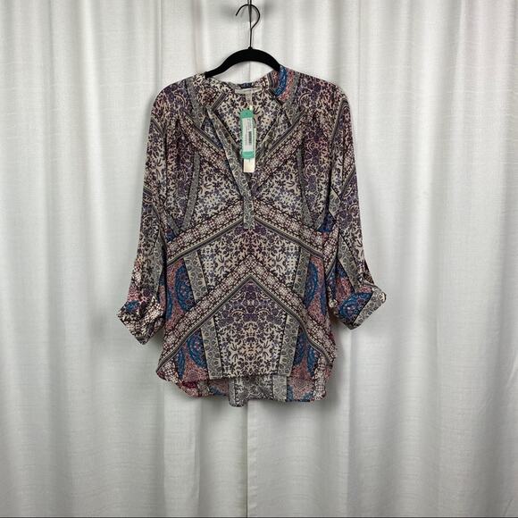 Stitch Fix Lavender Brown Burgundy Jenna Split Neck Silk Blouse Sz.M NWT - Picture 1 of 11